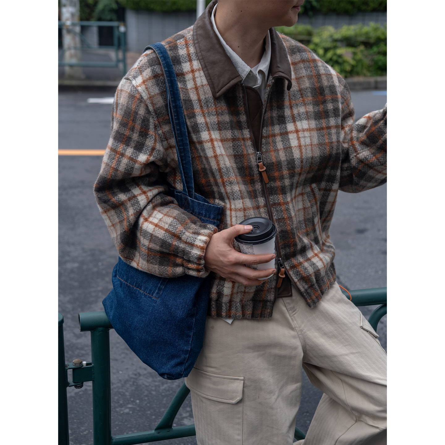 【奇异格子】几立 拼接翻领领格子毛呢拉链宽松夹克外套