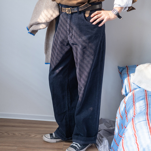 几立 秋冬藏青色直筒宽松灯芯绒休闲裤