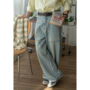 几立 水洗做旧分割设计伐木牛仔裤宽松直筒休闲裤