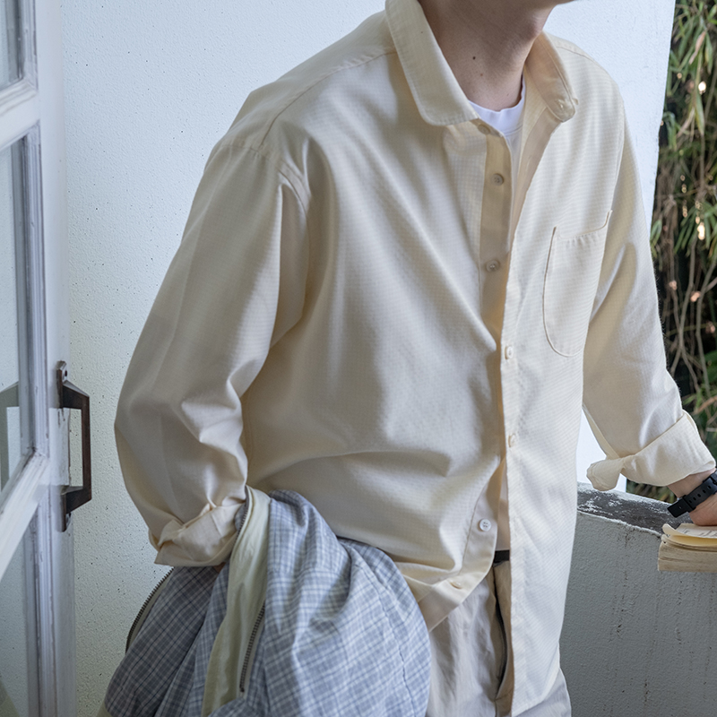 几立翻领长袖小清新暗格纹衬衫