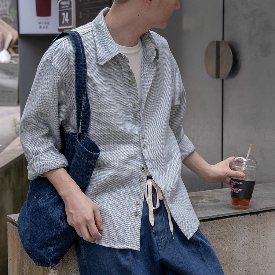 几立方领长袖小清新棉麻纹理衬衫