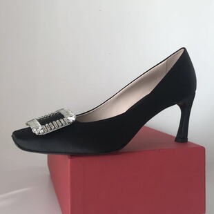 香蕉跟方头工作鞋 外贸鞋 rv真丝绸缎高跟女鞋 水钻方扣浅口单鞋 婚鞋