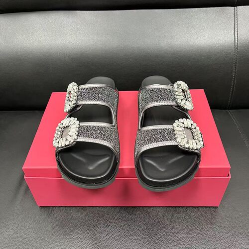 高品质rv新款双排水钻扣厚底露趾凉拖鞋穆勒鞋金银线混织面拼羊皮