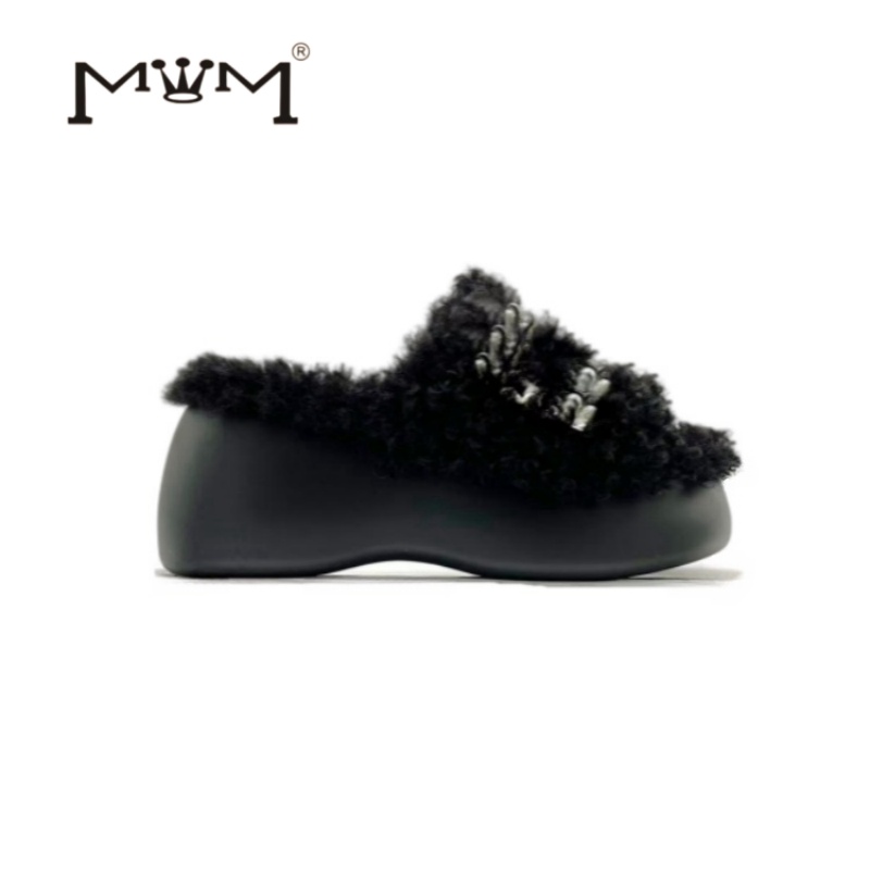 挪威雪季~方扣羊毛厚底拖鞋 2025气质水钻舒适洋气松糕底一字拖潮