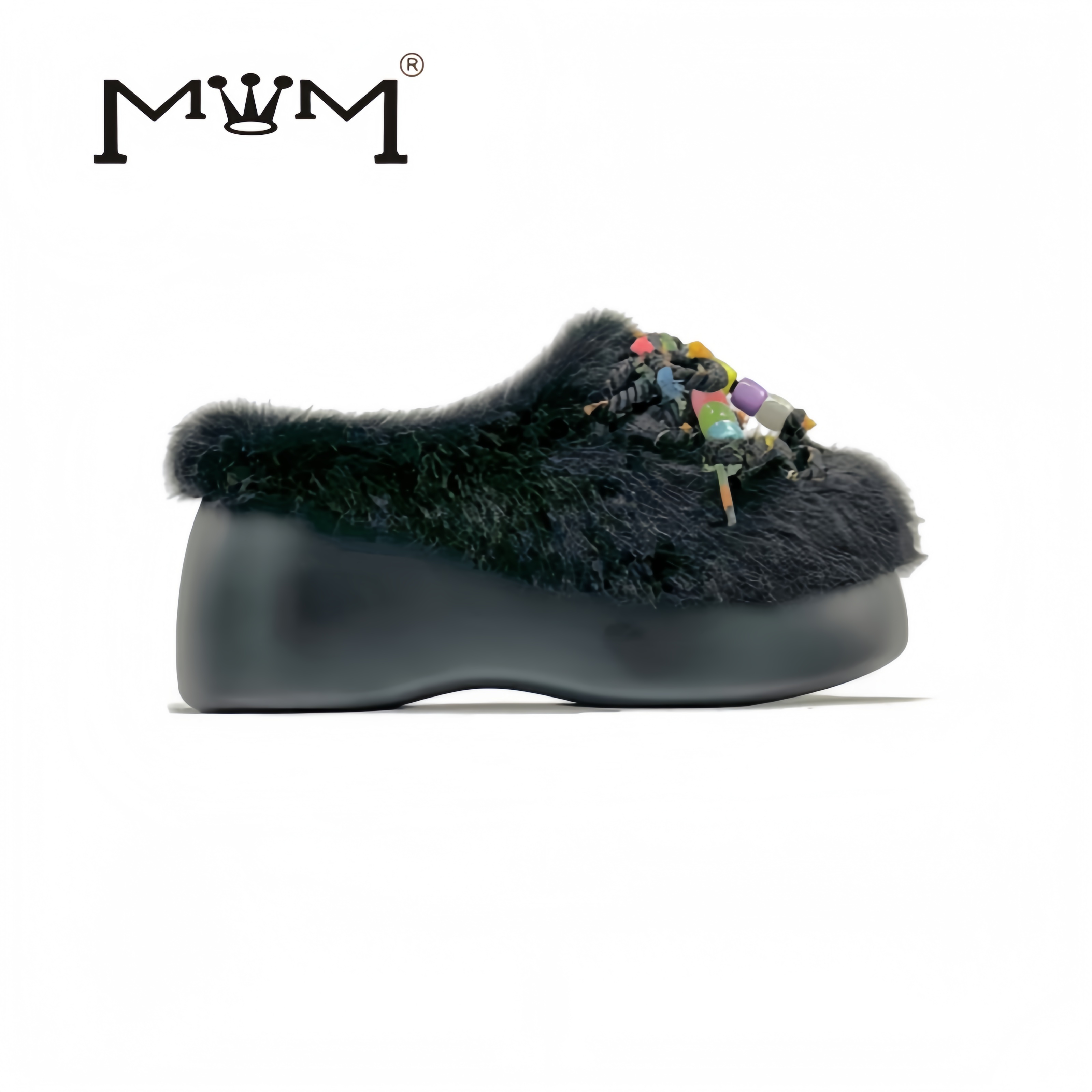 雪夜晓彩~8cm多巴胺兔毛厚底半拖 2025秋冬轻奢系带潮流包头拖鞋