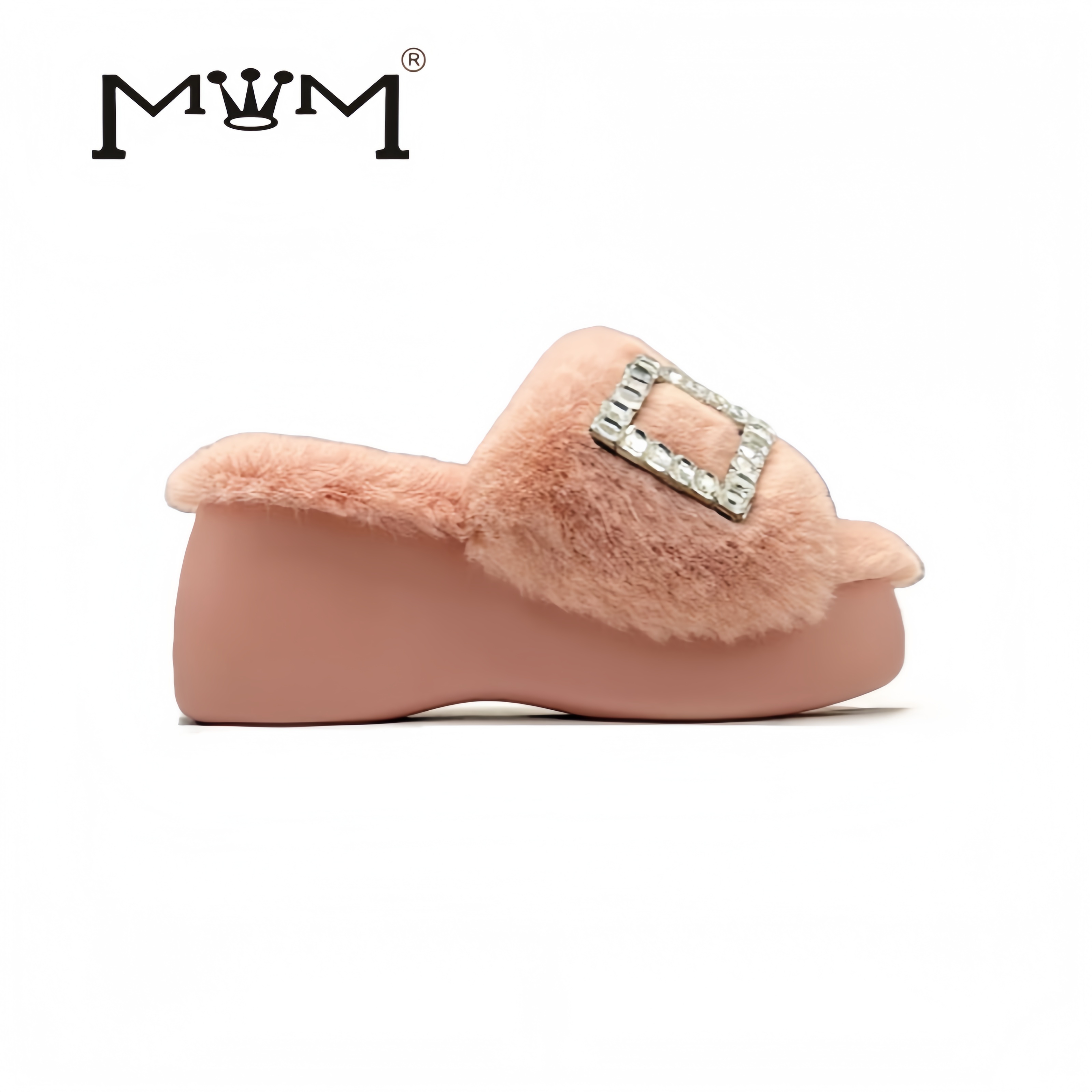 王晓晓8cm兔毛水钻厚底拖鞋防滑