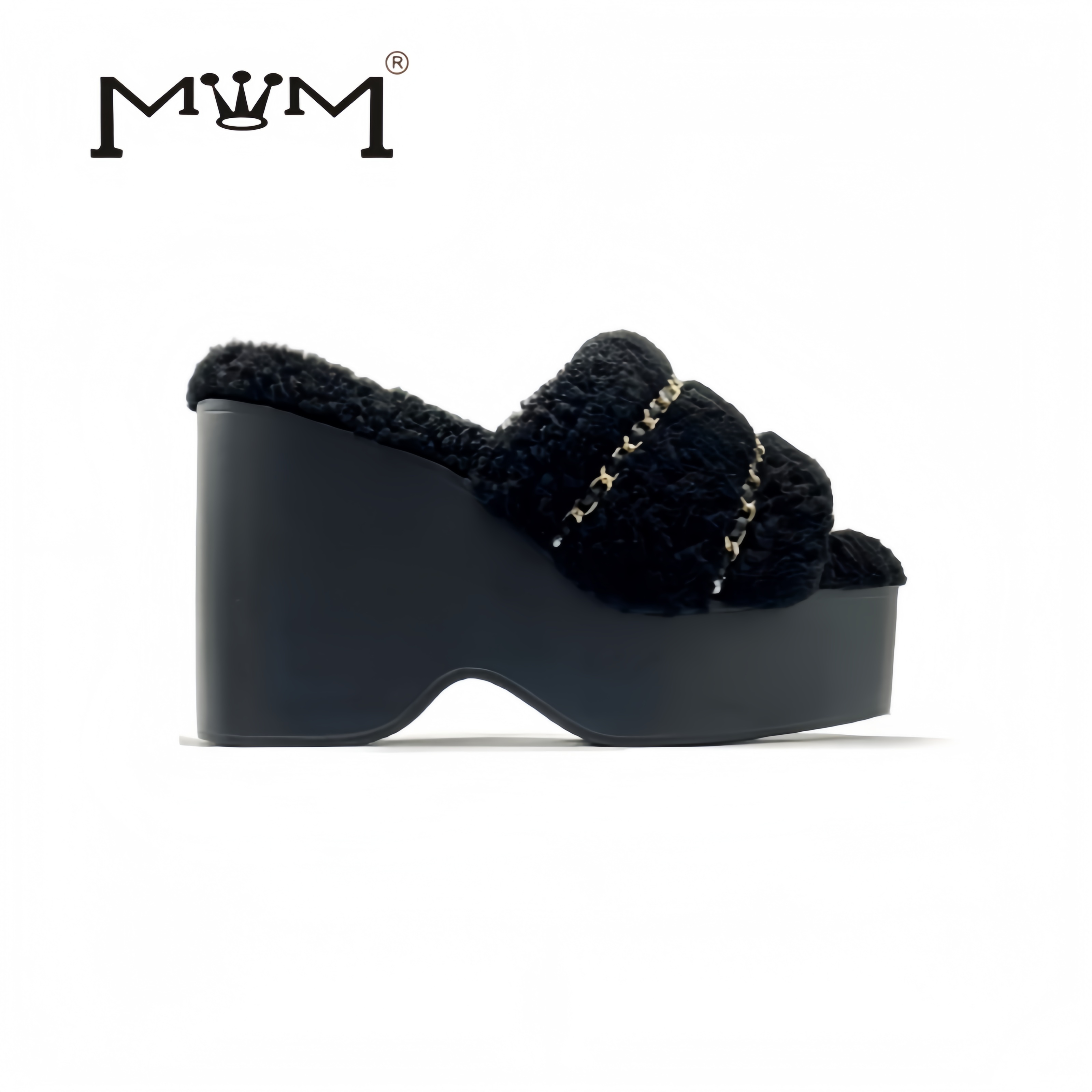 王晓晓12cm羊羔毛链条厚底拖鞋