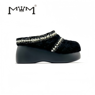 科莱礼赞 原创设计2025秋冬轻奢防滑轻 8cm黑珍珠羊毛厚底包头拖