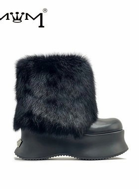 多伦多暖冬~11cm兔毛黑色厚底短靴 原创设计2025秋冬防滑欧美保暖