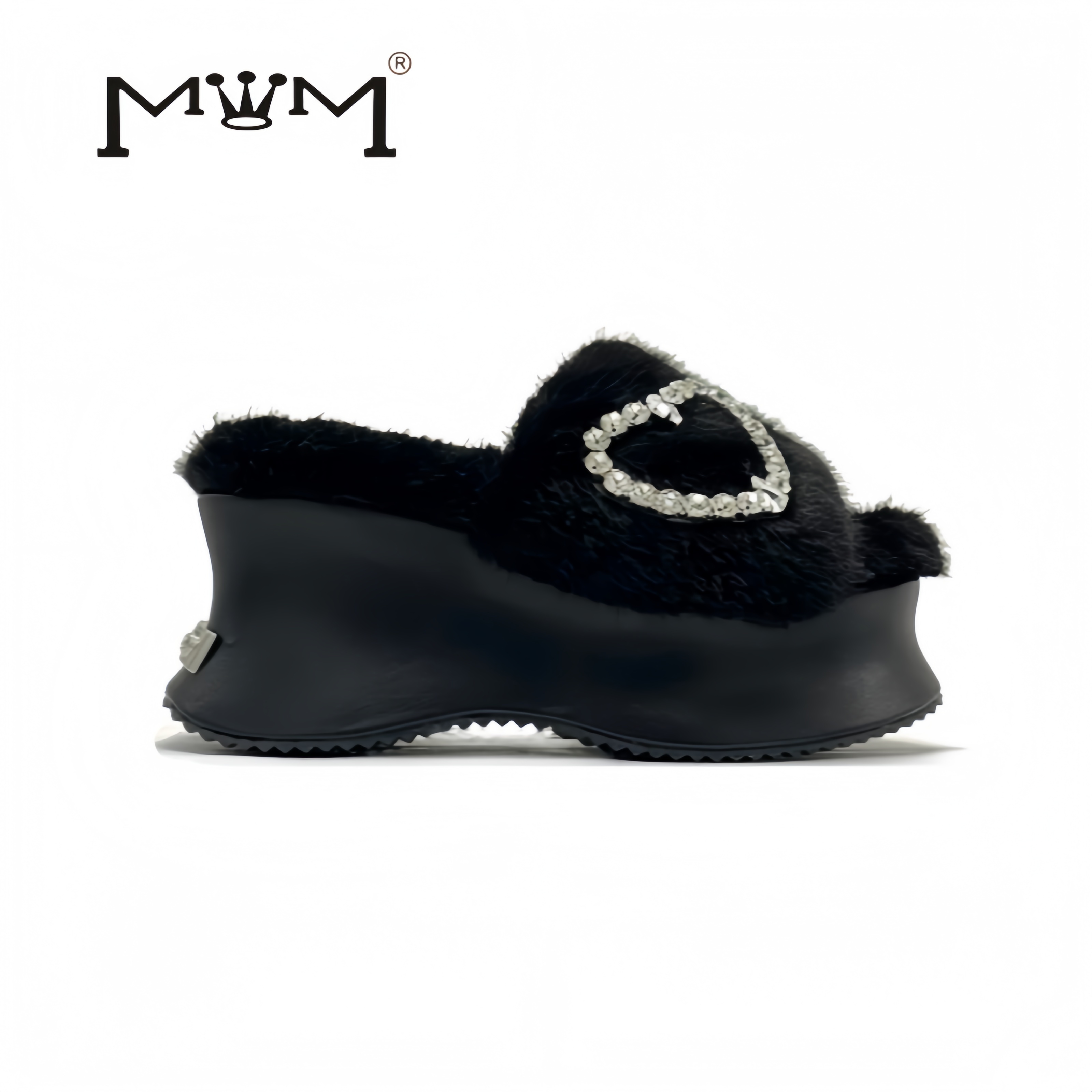 王晓晓8cm气质水钻毛毛厚底拖鞋