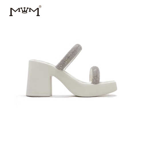 9cm气质双带方头通勤粗跟拖鞋女