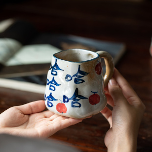 景德镇陶瓷杯复古文艺马克杯手写哈哈小富婆福囍粗陶咖啡杯早餐杯