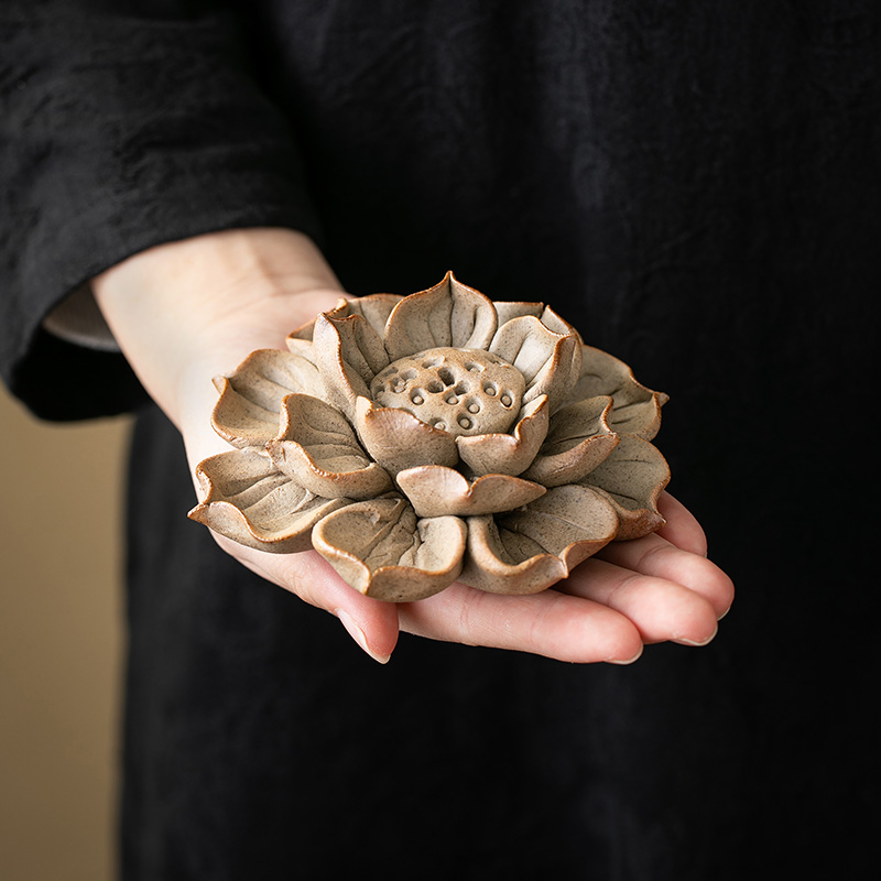 景德镇手作禅意莲花藏香插檀香炉粗陶泥荷花倒流香盘中式创意香器