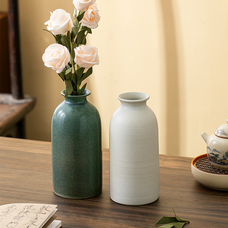景德镇复古粗陶绿色诧寂风禅意陶瓷花瓶水培餐厅客厅民宿陶艺装饰
