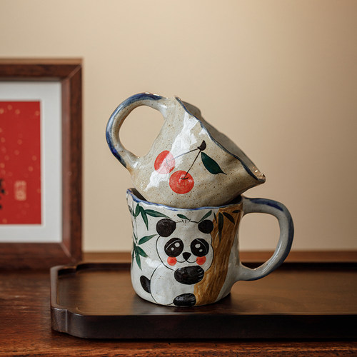 景德镇美陶高温釉下彩老陶泥全手工手绘陶瓷杯手捏马克杯带柄水杯