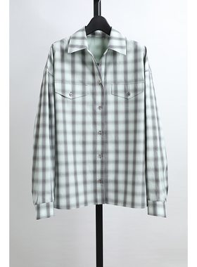 沈姐原单26春季出口韩国品牌女装休闲直筒翻领格子衬衫衬衣上衣