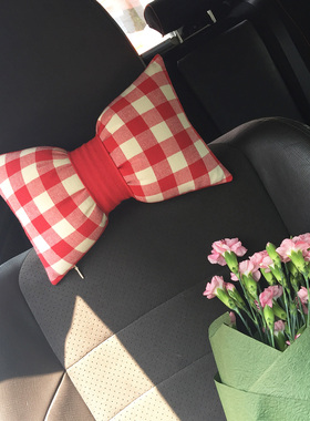In Green创意蝴蝶结骨头布艺红色蓝色格子条纹棉麻汽车头枕颈枕