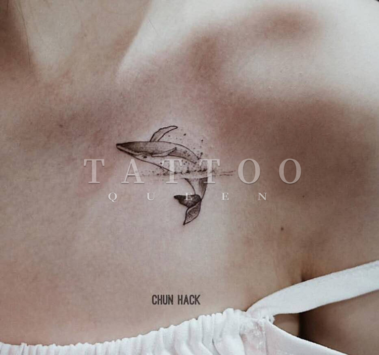 花臂少女TATTOO  113 爱心海浪小鲸鱼锁骨纹身贴 满20元包邮