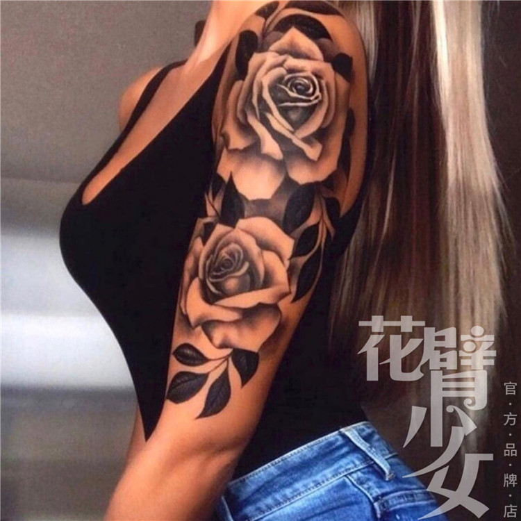 花臂少女tattoo z43 暗黑手臂玫瑰花朵叶子大图纹身贴 满20元包邮