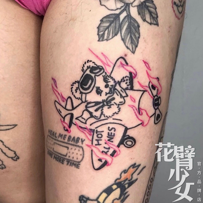 花臂少女TATTOO B3 卡通开飞机火焰飞行员小熊少女原宿软妹纹身贴