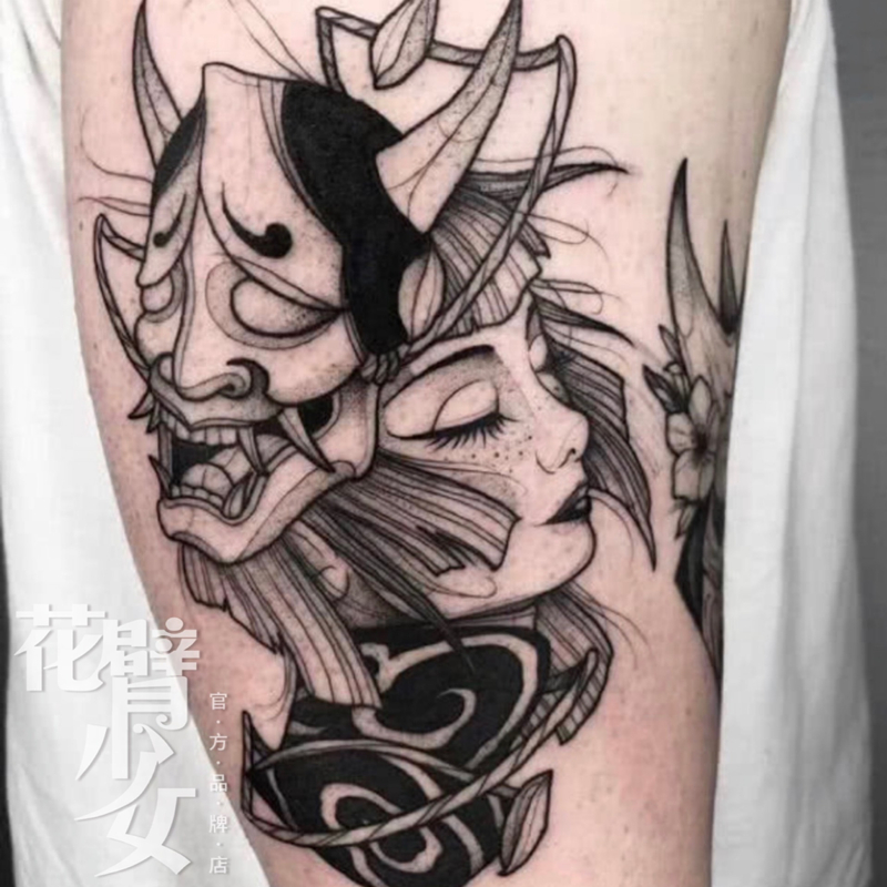 花臂少女tattoo z4 暗黑系班诺鬼脸面具女孩逼真纹身贴草本果汁