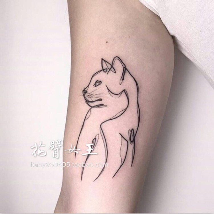 花臂少女tattoo s49 黑白线条猫咪手绘纹身贴