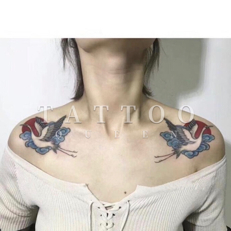 花臂少女TATTOO Z37红日仙鹤肩膀锁骨纹身贴一对包邮