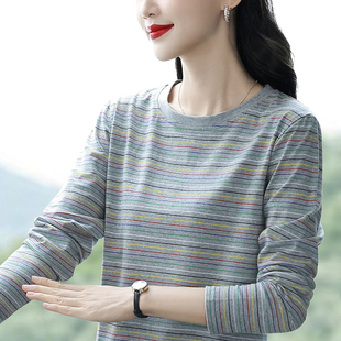 新款 外穿条纹打底衫 大码 T恤女装 上衣洋气 宽松纯棉长袖 2025早秋装