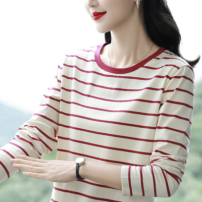 纯棉长袖T恤女装大码宽松秋衣中年妈妈秋装外穿打底衫条纹上衣服
