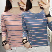 外穿打底衫 春季 条纹体恤上衣服 宽松纯棉长袖 T恤女装 2025新款 大码