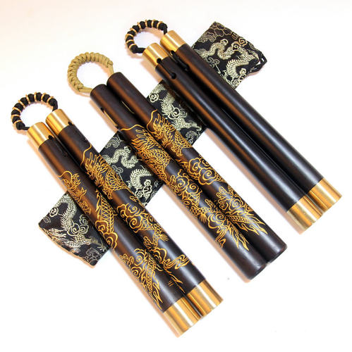 紫光檀沉水雕刻金龙送礼双节棍