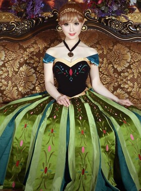 安娜公主裙COS冰雪奇缘anna长裙成人迪士尼裙子绣花2件套加冕礼服