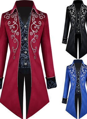 燕尾服宫廷中世纪复古男款礼服装中长款银边大衣蓝色黑色红色冬季