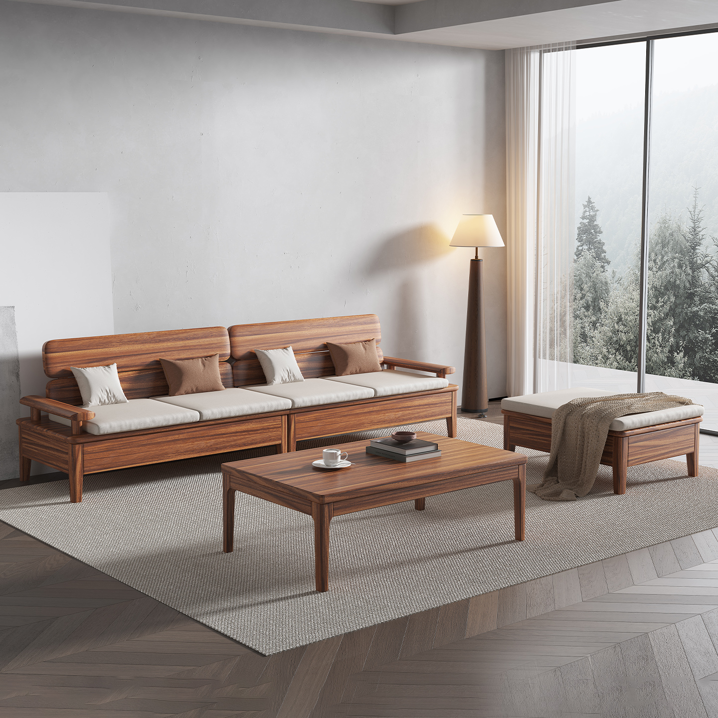 黑胡桃木新中式实木沙发组合客厅冬夏两用转角小户型简约木质家具