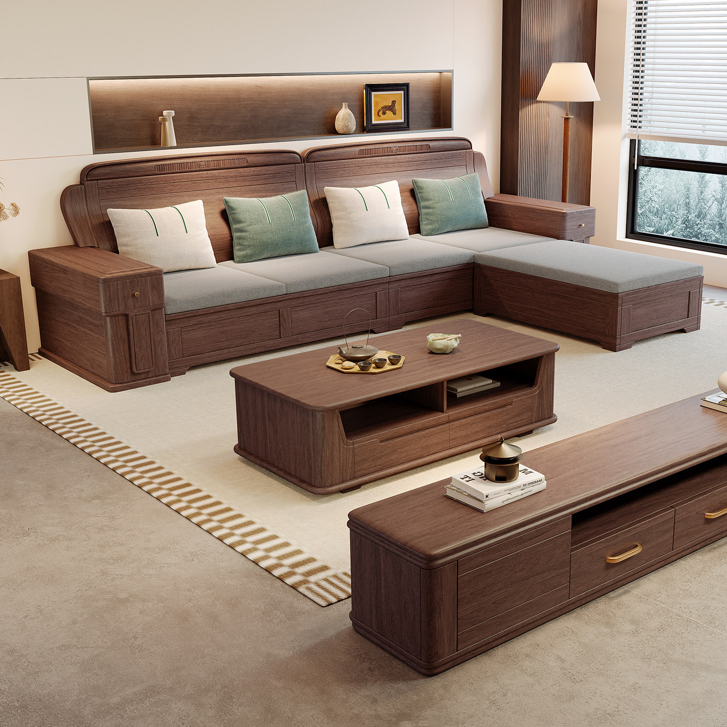 黑胡桃木实木沙发新中式客厅冬夏两用转角贵妃高箱储物木头家具