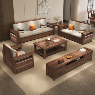 新中式乌金木实木沙发组合转角贵妃储物冬夏两用小户型123家具