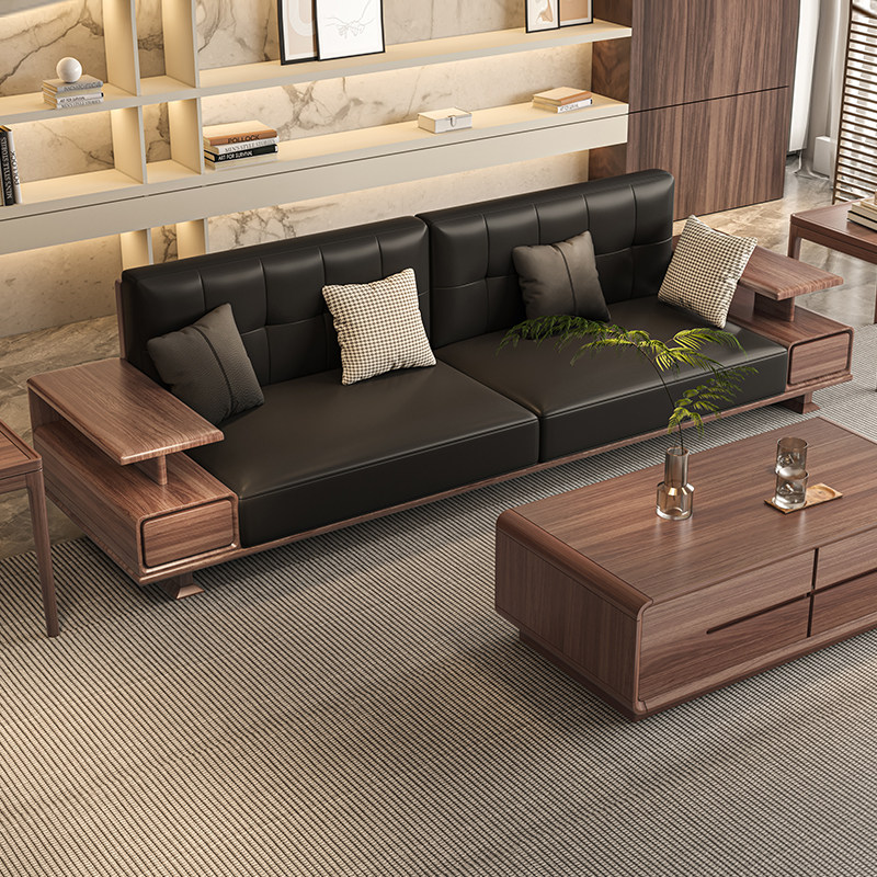 乌金木新中式实木沙发真皮轻奢别墅客厅家用现代简约直排高端家具
