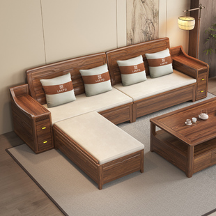 黄金梨木新中式实木沙发冬夏两用转角贵妃储物菠萝格红木客厅家具