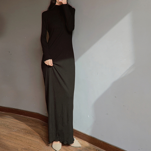 木耳边半高领长款 女早秋修身打底针织连衣裙 收腰弹力到脚踝长裙