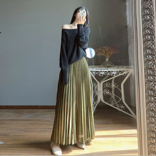 及踝百褶半身裙女秋冬加厚金属色亮片半裙下身超长款拖地长裙子