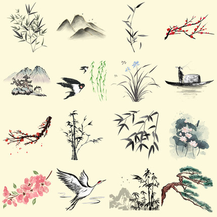 中国风水墨山水画手账贴纸装饰背景复古风景手机壳电脑笔记本贴画