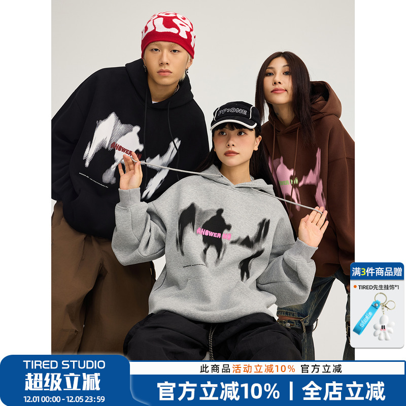 TIRED虚幻人影潮牌连帽卫衣春秋情侣套头衫长袖街头宽松百搭上衣