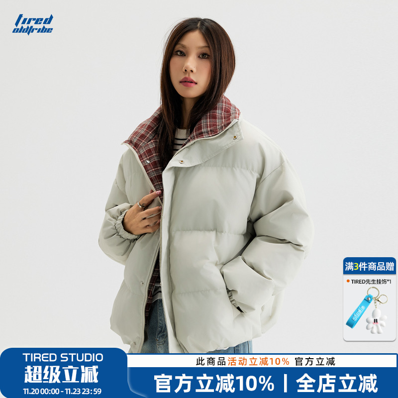 TIRED美式格子领拼接保暖棉衣冬