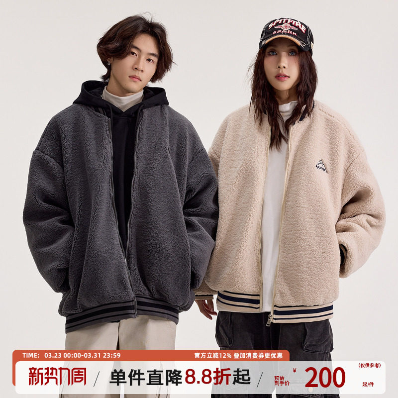 TIRED美式复古仿羊羔毛棒球领棉衣男女冬季情侣加厚外套保暖棉服