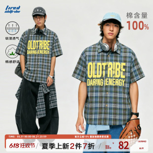 TIRED美式复古格子短袖衬衫学院风情侣款街头半袖衬衣休闲上衣潮