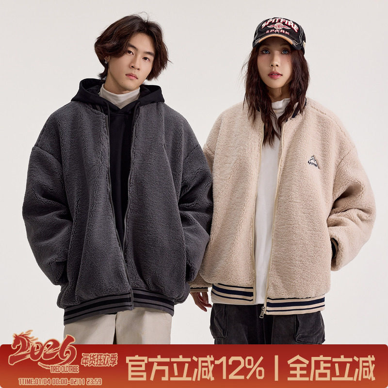 TIRED美式复古仿羊羔毛棒球领棉衣男女冬季情侣加厚外套保暖棉服