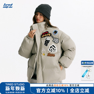 TIRED美式 毛巾绣PU皮衣棉服情侣宽松加厚外套国潮保暖休闲棉衣冬