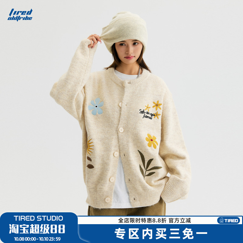 TIRED美式潮流花卉刺绣开衫毛衣