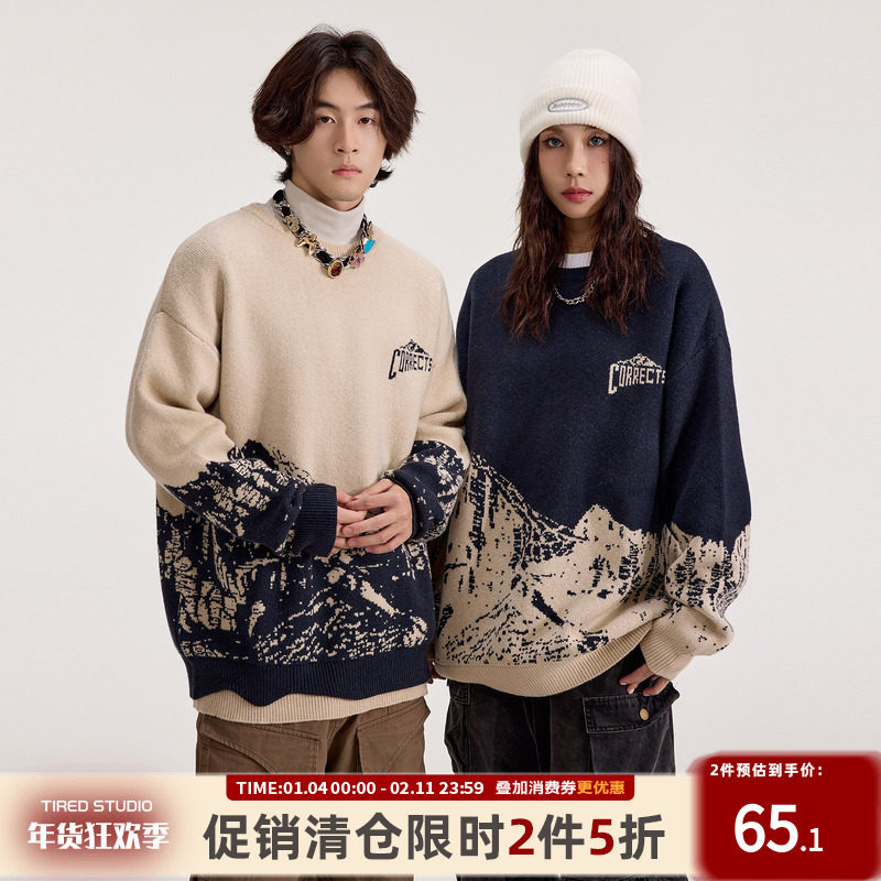 TIRED美式潮牌复古雪山提花圆领毛衣男女秋冬情侣针织衫套头上衣,男装,针织衫/毛衣,淘宝优惠券,粉丝福利购,淘宝优惠卷