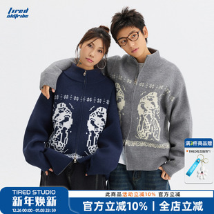 街头休闲上衣外套 情侣针织衫 TIRED复古费尔岛立领开衫 毛衣秋冬季